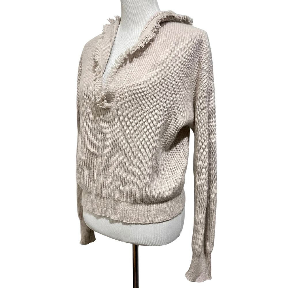 The Cashmere Project Sweater Hoodie with Fringe Trim V-Neck Beige Cream Sz S - Picture 4 of 10